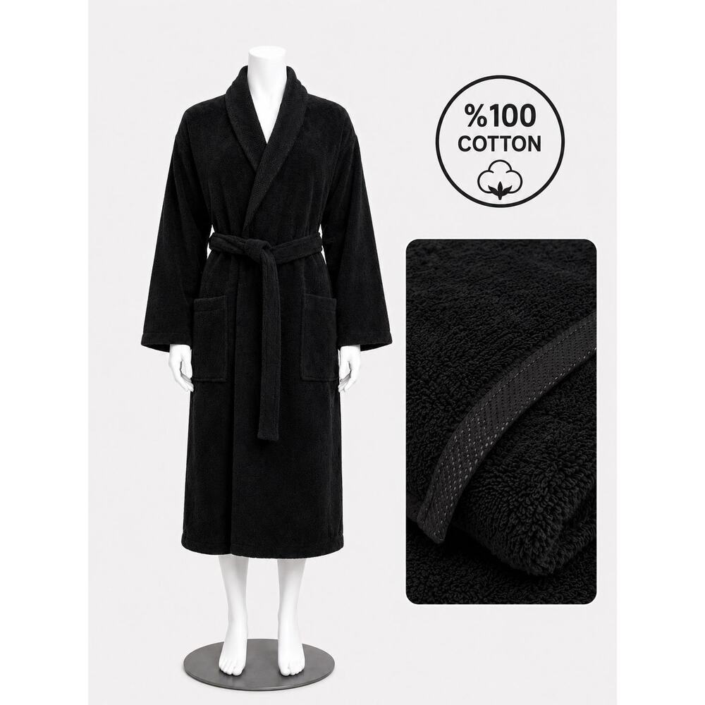 Black Bathrobe 100% Cotton Unisex Soft Spa Robe S/M Turkish Towel Belted Pockets - Picture 2 of 7